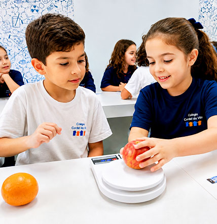 Crianças participam de atividade com frutas