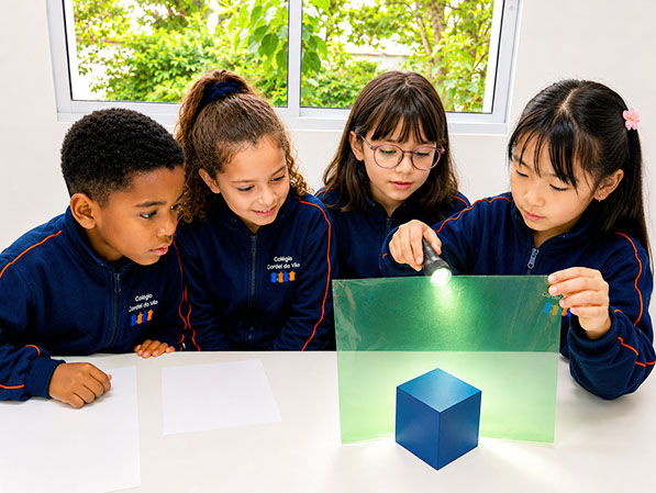 Alunos observam experimento de luz e cores
