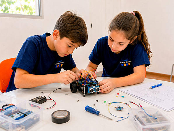 Alunos ajustam robô em atividade de robótica